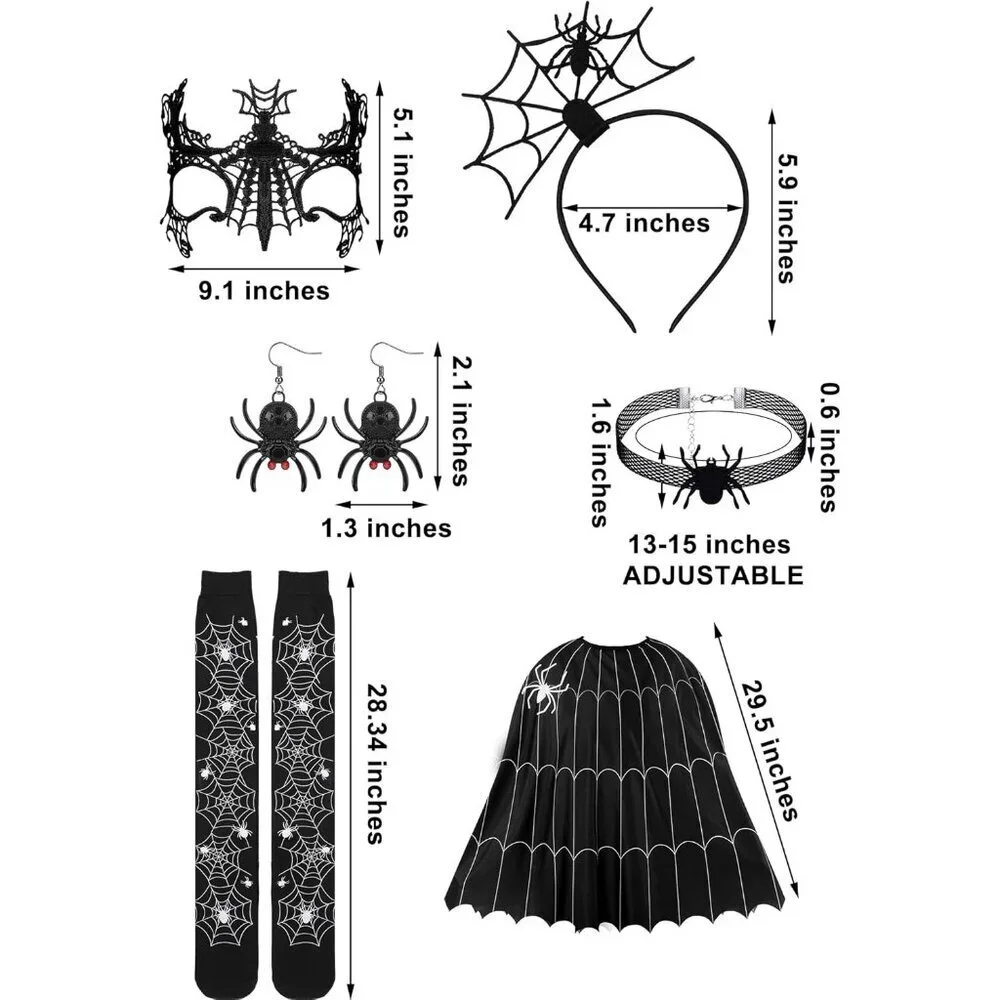 Women Lace Spider Web Costume Accessories Set Mask Earrings Choker Socks